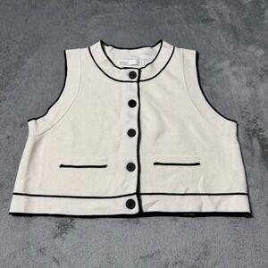 Oak + Fort Cropped Ivory Black Trim Sweater Vest Button Front Womens XS‎ Preppy